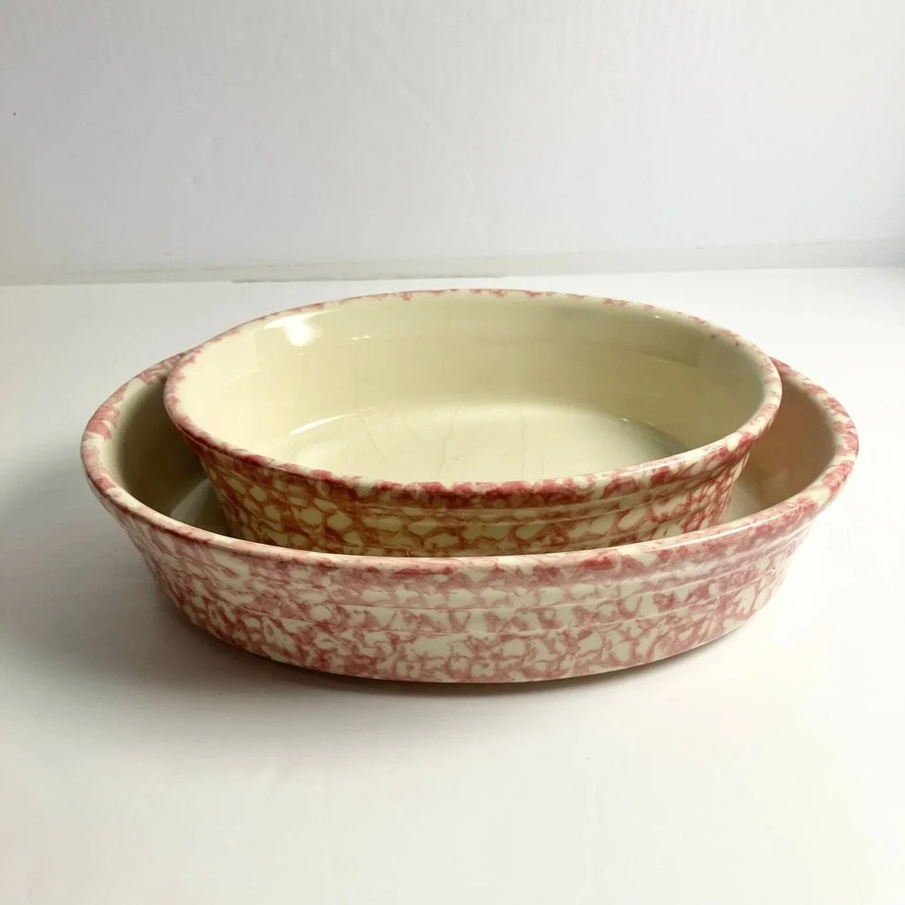 2 Roseville Pink Spongeware Pottery Oval Dish/Bowls by Gerald E. Henn 10